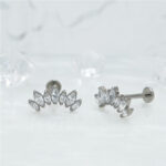 1 Pair Of Women's Earrings, 16 Gauge Implant Grade Titanium Internally Threaded Labret With Marquise And Round CZ Fan Top,Geometric Glow Earrings, Crystal Clusters Blooming