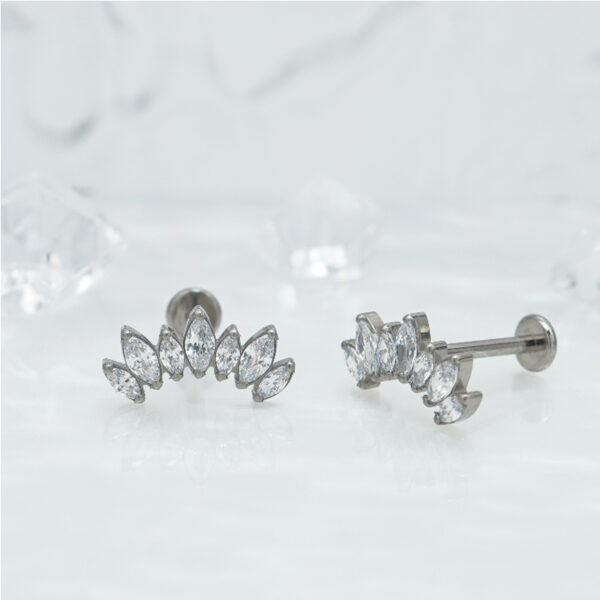 1 Pair Of Women's Earrings, 16 Gauge Implant Grade Titanium Internally Threaded Labret With Marquise And Round CZ Fan Top,Geometric Glow Earrings, Crystal Clusters Blooming